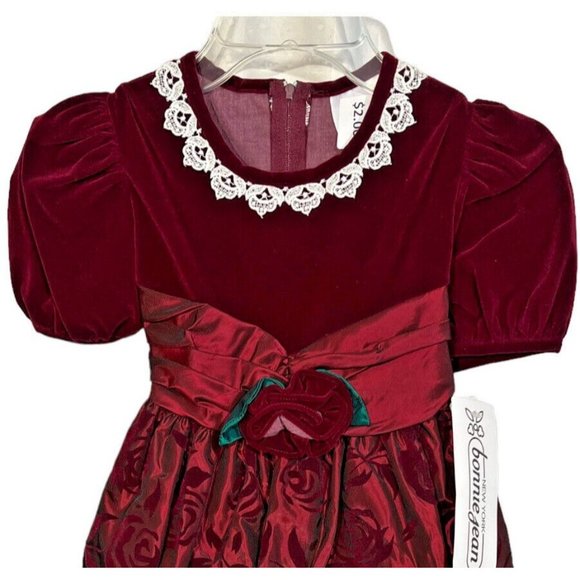 New Bonnie Jean Girls Velvet Dress Burgundy Taffeta Size 5 Lace Bow Holiday VTG - Picture 10 of 10